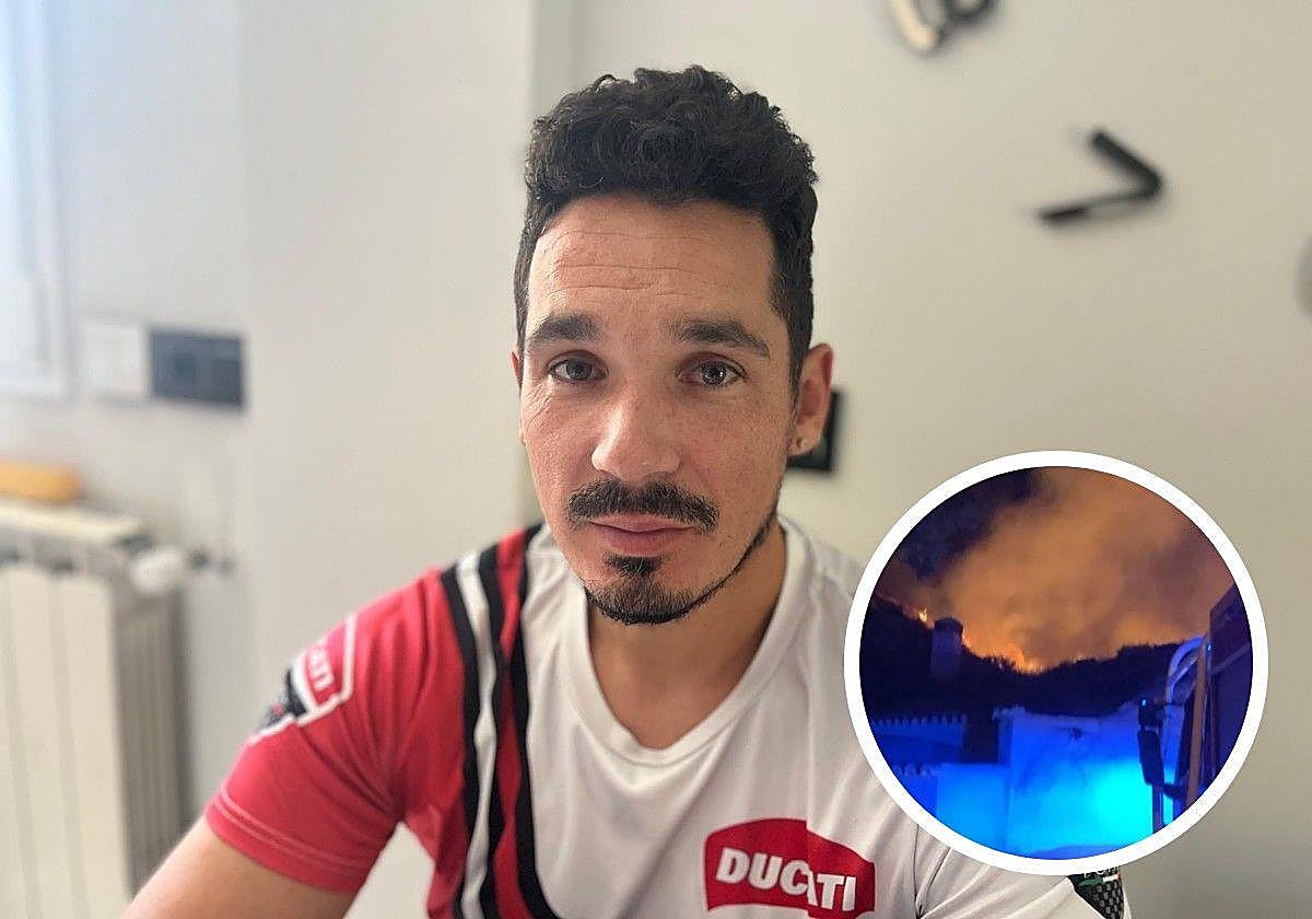 Sergio durante su recuperación. A la derecha, el incendio.