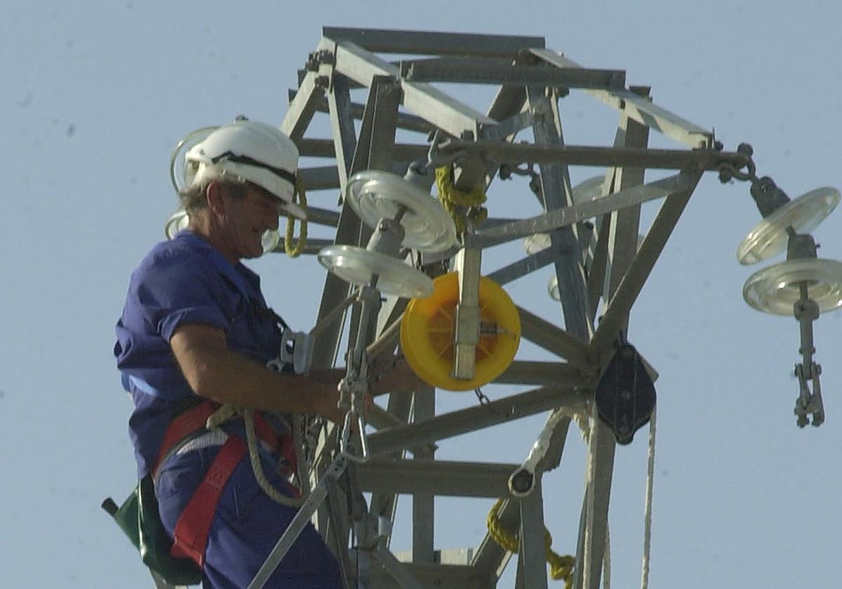 Un técnico repara un tendido eléctrico en la provincia de Murcia.