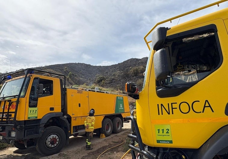 Medios aéreos, bomberos del Infoca y Diputación combaten un incendio forestal en la Sierra de Alhama