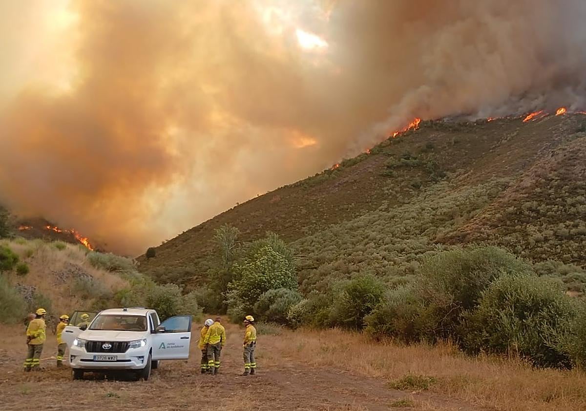Imagen principal - Cinco días con bomberos granadinos bajo el infierno de León
