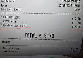 Ticket de bar que cobran por luz y wifi