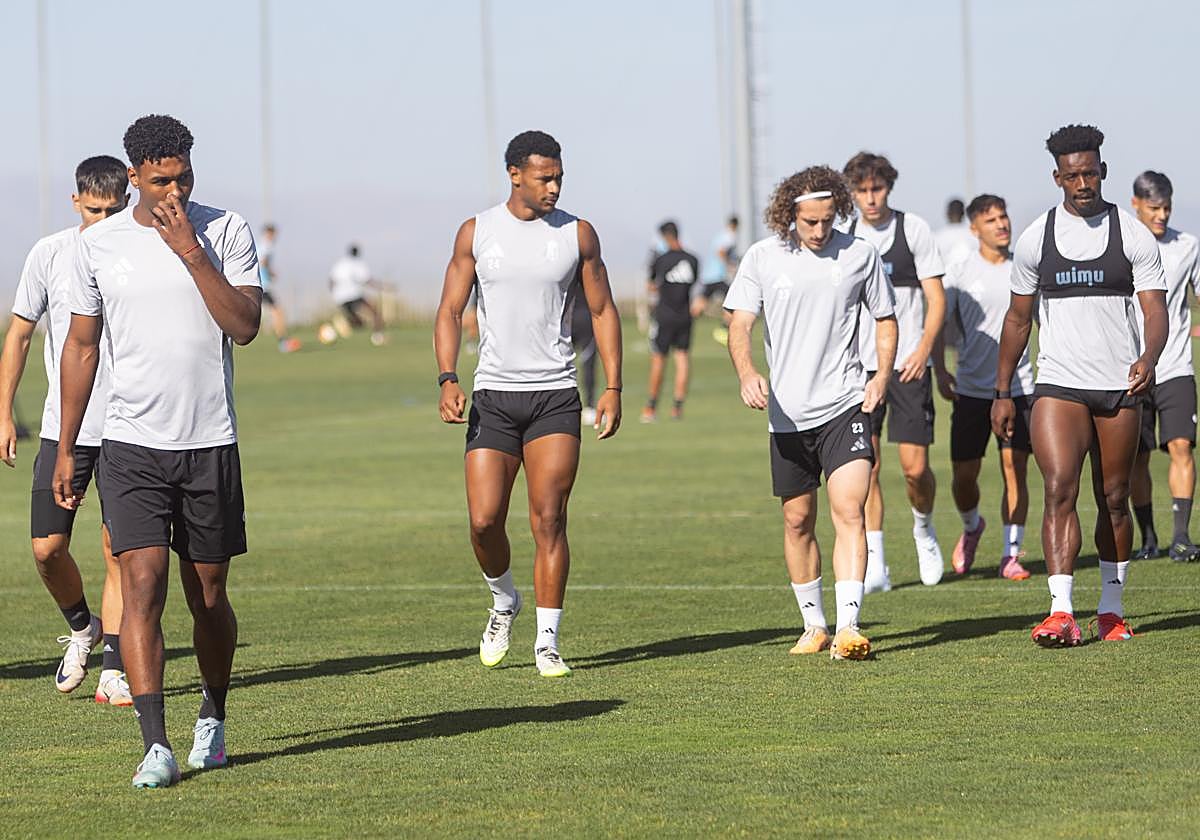 Los jugadores del Granada, con Gagnidze y Bouldini a la derecha, en mitad del último entrenamiento antes del duelo contra el Málaga.