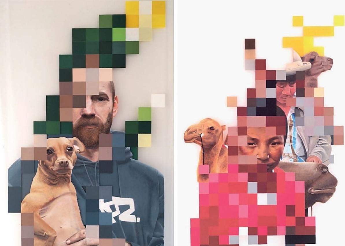 Imagen secundaria 1 - Uno de los murales de AxisPixel, en el Centro de la Mujer de Illesca; dos obras que mezcan hiperrealismo y pixelart; y Nacho, con Boabdil. 