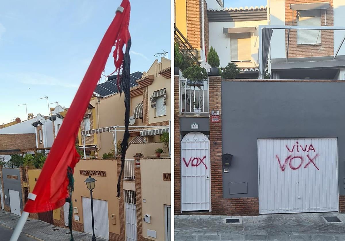 La bandera de Palestina quemada y pintadas de 'Viva Vox' en la puerta.