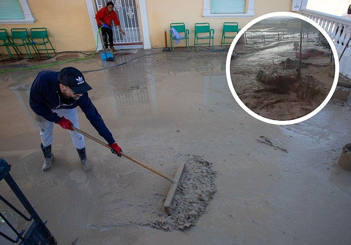 Vecinos de Casanueva limpiando sus terrazas. A la derecha, inundaciones del pasado viernes.