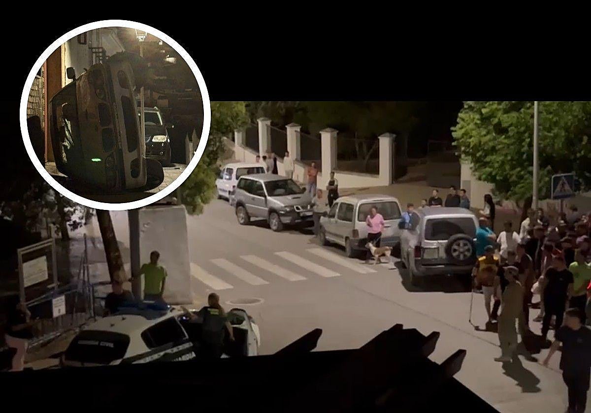 Momento de la detención del hombre el pasado martes, ante la atenta mirada de los vecinos. A la izquierda, coche destrozado en el que presuntamente se desplazaban los autores de los robos.