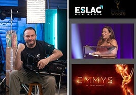 Jaime García, en su estudio de Albolote, y el momento en que anuncian al ganador en la gala de los Emmy de Nueva York.