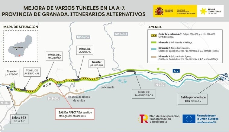 Cortes en la A-7 en Granada hasta Navidad por la mejora de cuatro túneles en la Costa