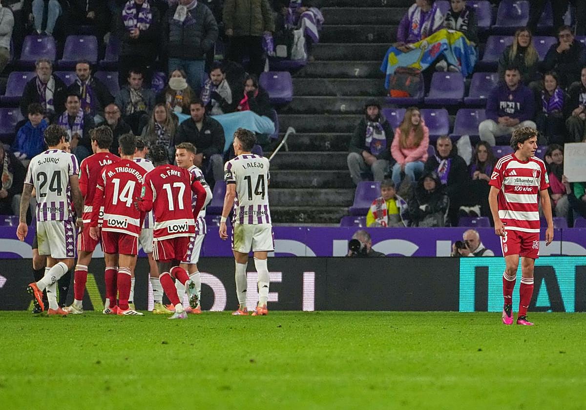 Diego Hormigo, a la derecha, se retira expulsado de Valladolid.