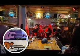 Actuación de la banda '4Tune' este fin de semana en el bar Bremen. En el círculo, las guitarras robadas.
