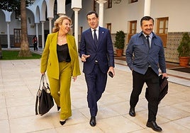 Juanma Moreno (c), junto a la consejera de Economía, Carolina España, y al portavoz del Grupo Parlamentario Popular, Toni Martín,