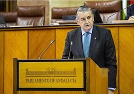 El consejero de Sanidad, Presidencia y Emergencias, Antonio Sanz, en el Pleno del Parlamento andaluz.