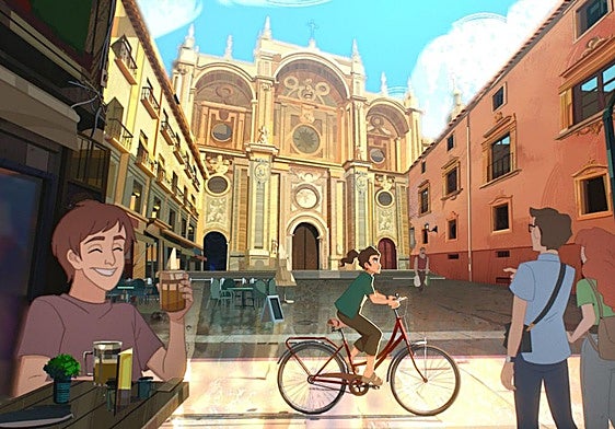 Elvira atraviesa con su bicicleta la plaza de las Pasiegas de Granada.