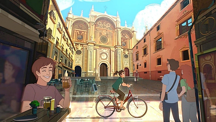 Elvira atraviesa con su bicicleta la plaza de las Pasiegas de Granada.