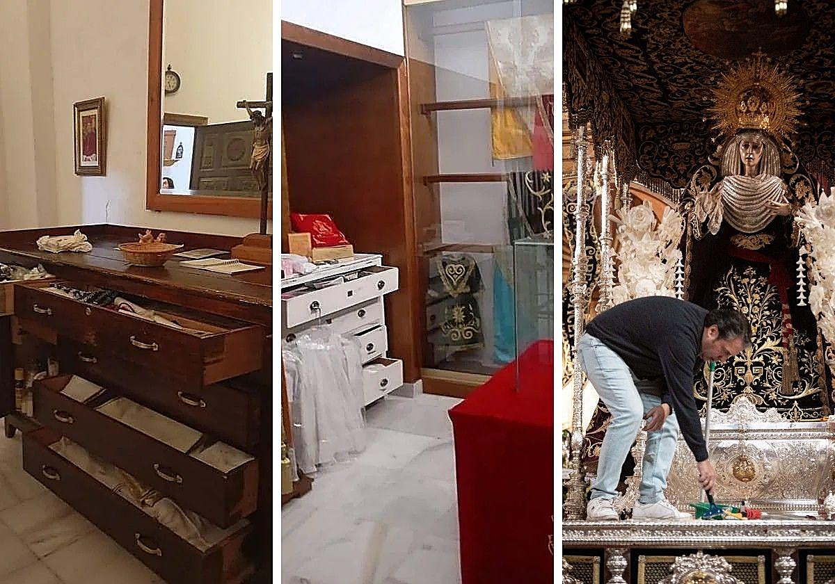 A la izquierda, estado en el que quedó la parroquia de Benamaurel. A la derecha, limpieza se la Virgen de los Escolapios después del robo.