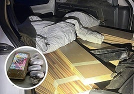 Hachís y tableros de parqué hallados en la furgoneta del arrestado.