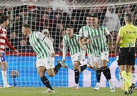 Adrián Fuentes celebra el gol del Córdoba en Los Cármenes.