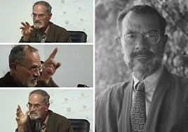 José Ortega Torres, Narzeo Antino como firmaba su obra poética, en una intervención en la Cátedra Góngora en la Universidad de Córdoba. A la derecha, en una imagen de hace unas décadas.