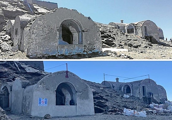 El refugio Elorrieta en 2015 (arriba), cuando fue incluido en la Lista Roja, y en septiembre de 2025, durante las obras.