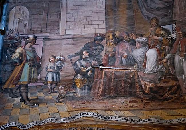 Pintura de Juan de Medina que reproduce el otorgamiento del Estoque al Gran Capitán por Gregorio VI.