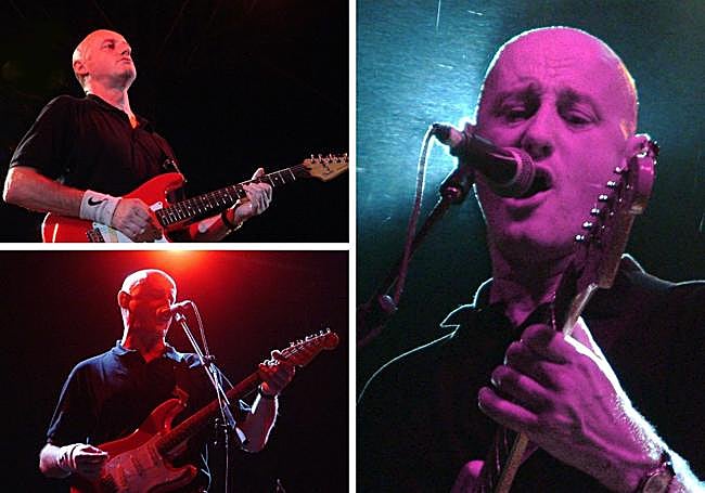 Tres momentos de la actuación de Jorge Martínez de Los Ilegales en el Zaidín Rock de 2024.