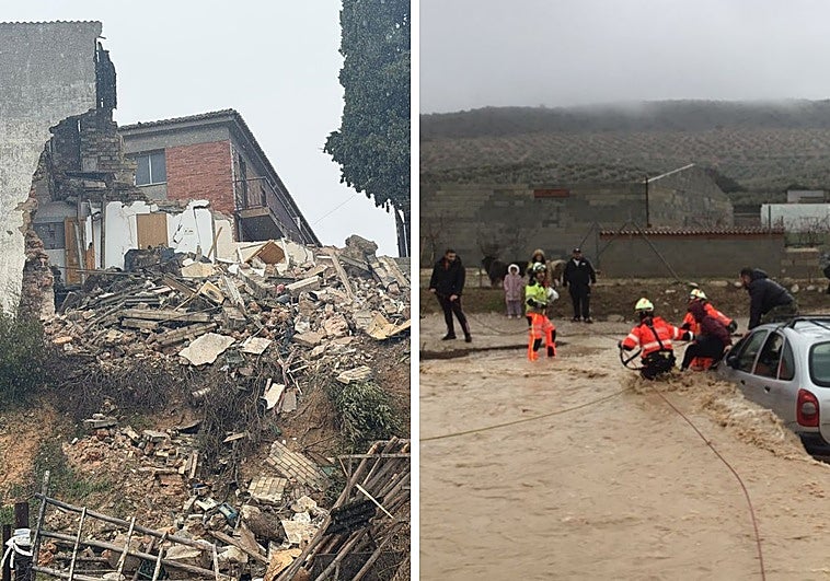 Una casa derrumbada y dos rescatados al cruzar con su coche una vía anegada en Iznalloz