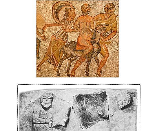 . Comparativa entre el mosaico de Baco de la Villa de Fuente Álamo (arriba) y el sarcófago de la Declamatio de Villares del Carril (abajo), que los investigadores vinculan por su posible relación cronológica e iconográfica