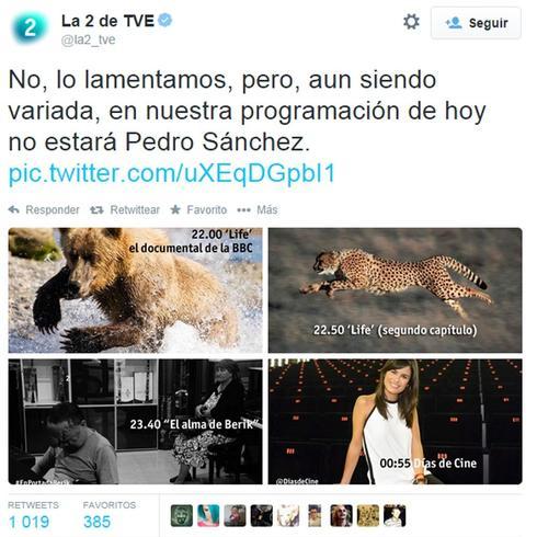 La 2 se mofa de Pedro Sánchez en su Twitter oficial