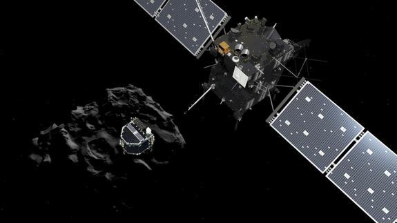 Momento en el que Philae se separa de Rosetta y desciende al cometa 67P. 