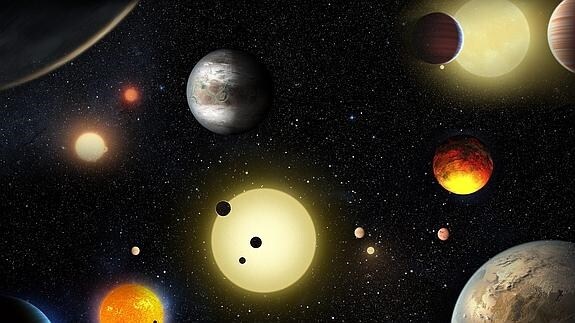 Concepto artístico de planetas descubiertos por el telescopio espacial de la NASA Kepler.