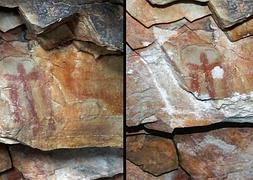 Imágenes cedidas por Benito Navarrete del antes y el después del estado de la pintura rupestre encontrada hace 41 años en la cueva de Los Escolares de Santa Elena.:: EFE
