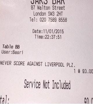 "No vuelvas a marcar al Liverpool": la factura de un restaurante a Jovetic