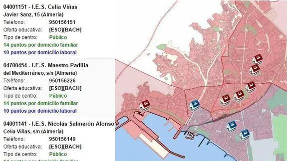 Campaña y calendario de escolarización en Almería: Mapa de centros y zonas de influencia