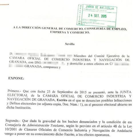 Escrito presentado ayer por un miembro del comité ejecutivo en la Dirección General de Comercio de la Junta en Sevilla. 