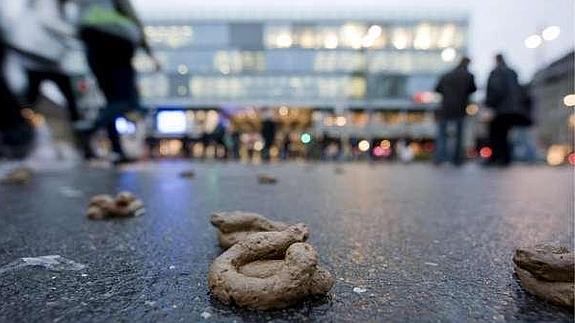Unos excrementos falsos de plástico esparcidos delante de la principal estación de Berna (Suiza).