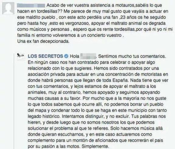 El 'zasca' de los Secretos a una fan que les reprocha «apoyar el maltrato animal» por acudir a Motauros