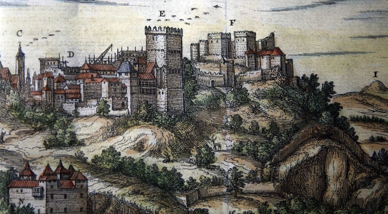 J.Hoefnagel (dibujo) 1564; F. Hogenberg (grabado) 1598: Vista de Granada desde el valle del Darro. Detalle de la Alhambra 