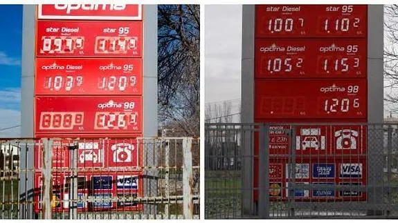 La imagen de la izquierda, tomada hace unas horas en una gasolinera de Huétor Vega, evidencia la bajada de los precios. El mismo cartel de la misma gasolinera en una fotografía captada hace seis años.