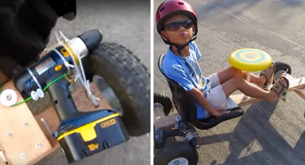 Construye un kart para su hijo con 4 ruedas, unas tablas y un taladro