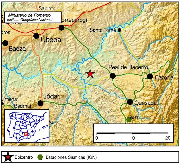 Epicentro de uno de seísmos registrados este jueves en la provincia jienense por el ING.