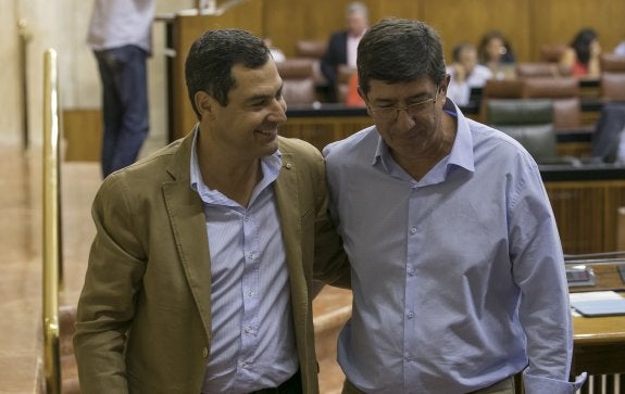 Juanma Moreno y Juan Marín, el pasado miércoles en el Parlamento.