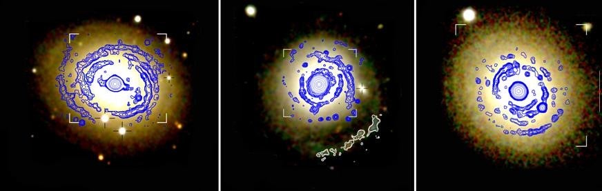 Composición de dos de las galaxias elípticas estudiadas, con la estructura en forma de brazos espirales delineada en contornos.