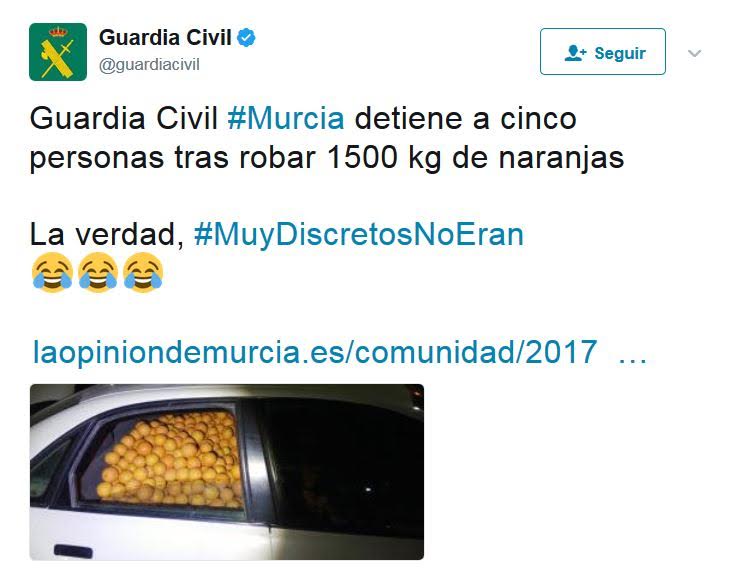 La hilarante broma de la Guardia Civil y Fanta en Twitter tras recuperar 1.500 kilos de naranjas robadas