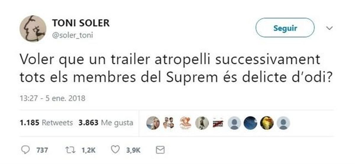 Un presentador de TV3 se pregunta si es delito de odio querer que un trailer atropelle a los miembros del Supremo