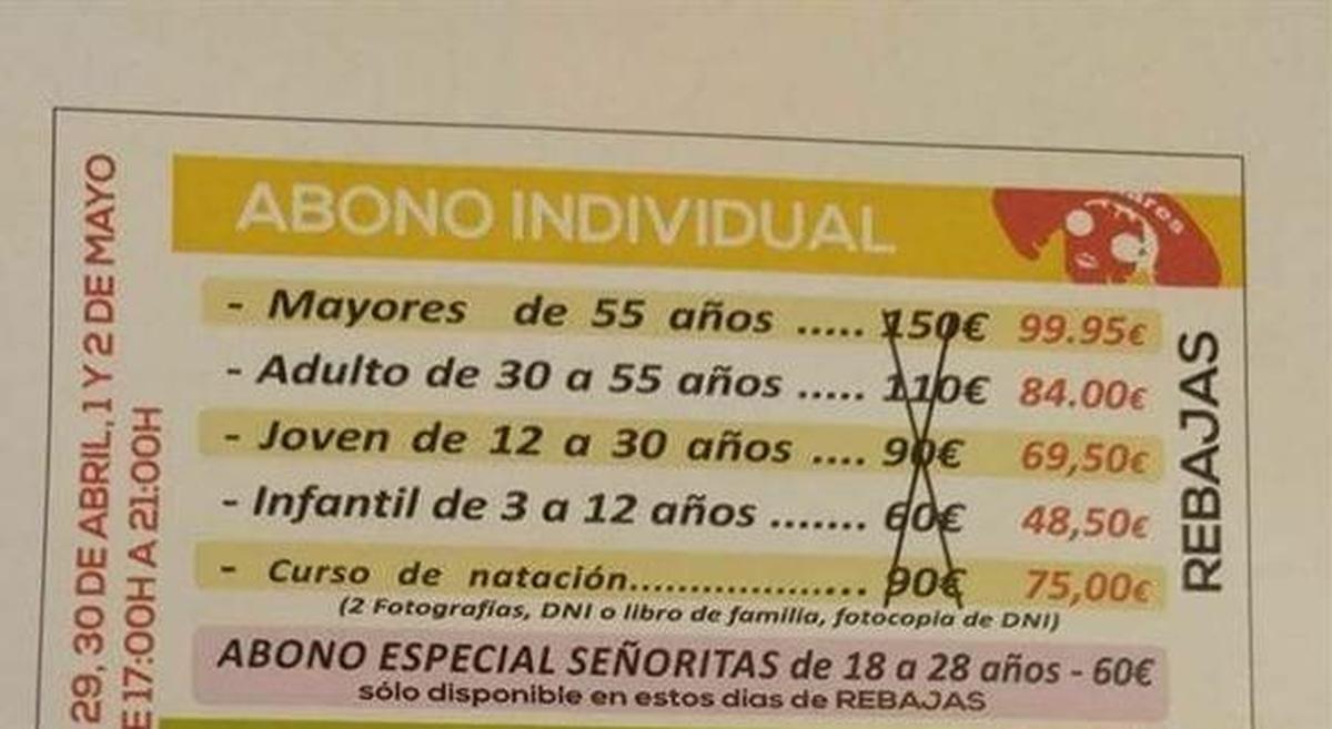 Denuncian la publicidad sexista de una piscina que ofrece un abono especial a señoritas de 18 a 28 años