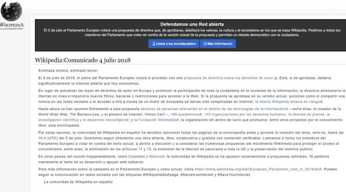 Wikipedia cierra 36 horas como protesta por la nueva normativa europea de derechos de autor