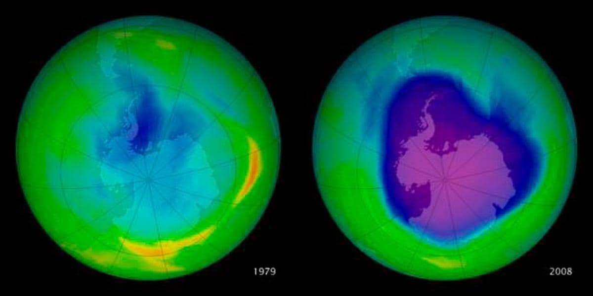 Comparación del agujero en la capa de ozono en la Tierra de 1979 y 2008.
