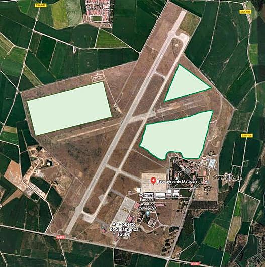 Recuadrados en verde, los terrenos para el cultivo en la Base de Matacán (de regadío a la izda., y de secano, dcha.).