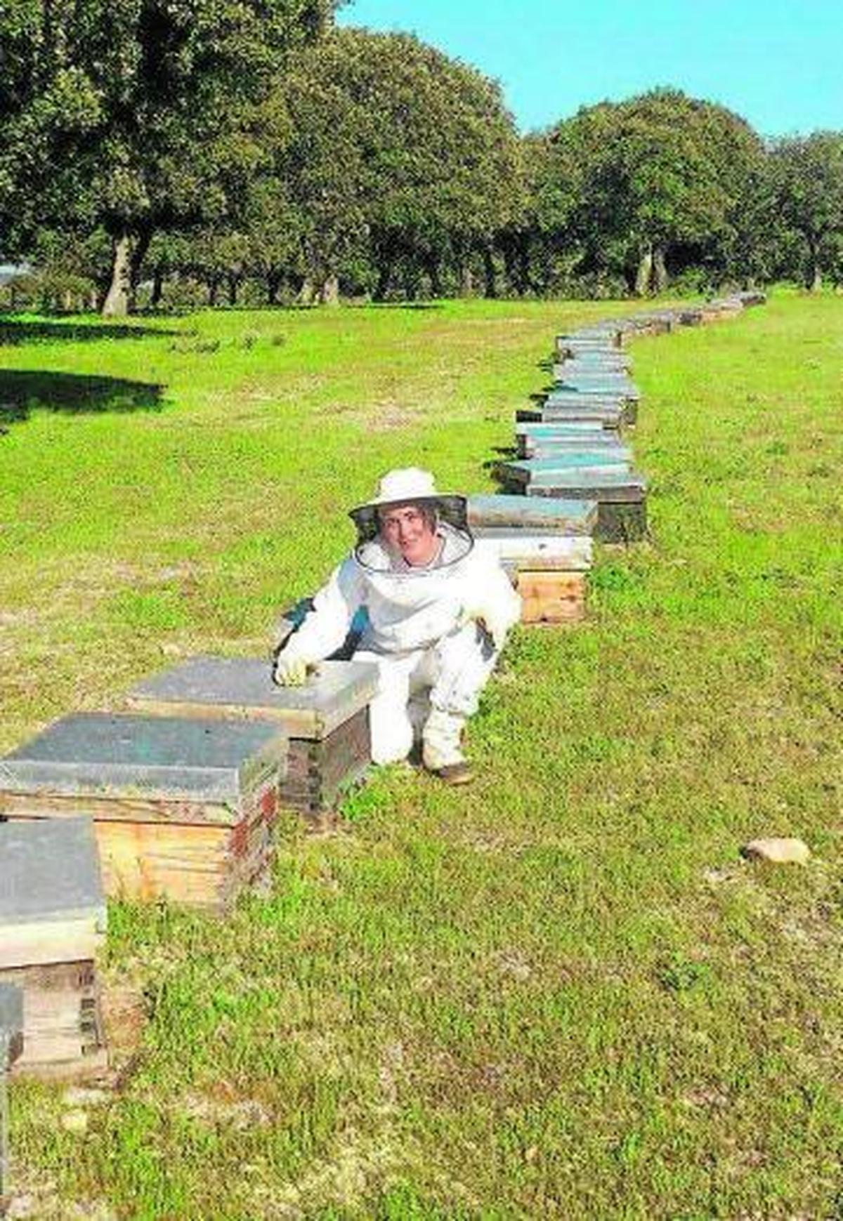 La apicultora Juani Cataño con sus colmenas.