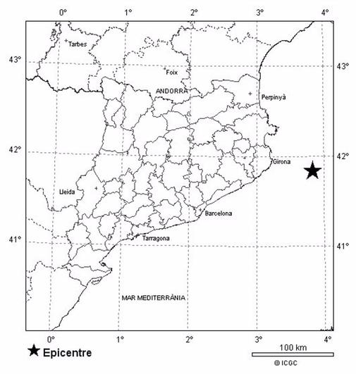 Mapa del seismo de 3,5 grados que se ha dejado sentir en la Costa Brava.